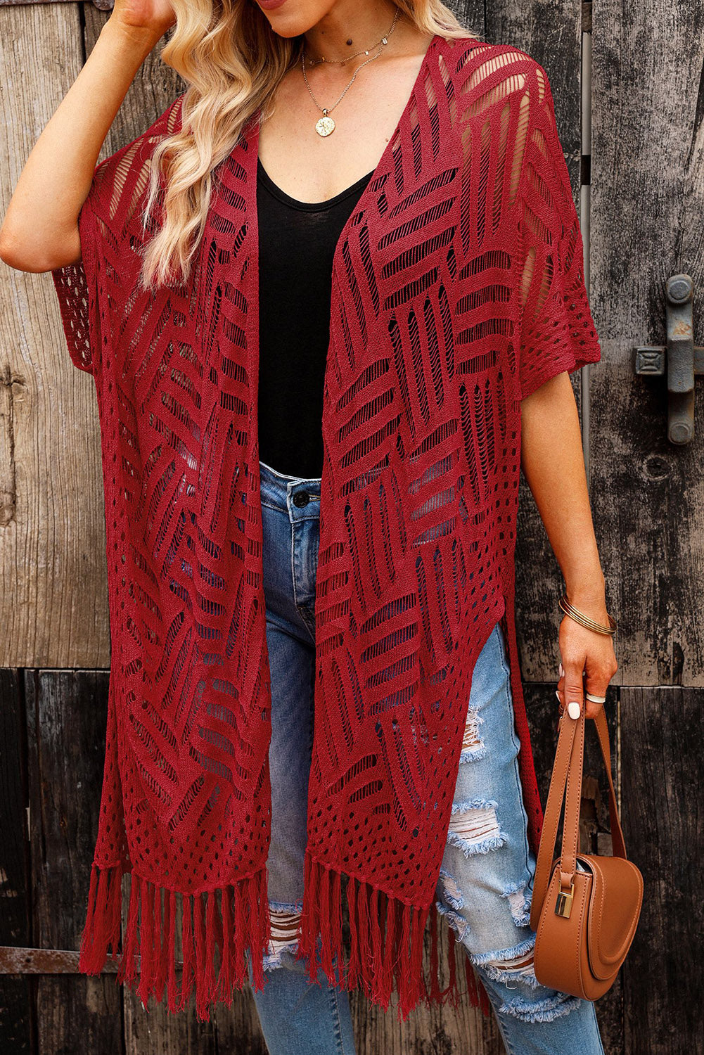 Openwork Open Front Cardigan with Fringes - Luminous Bear Shop