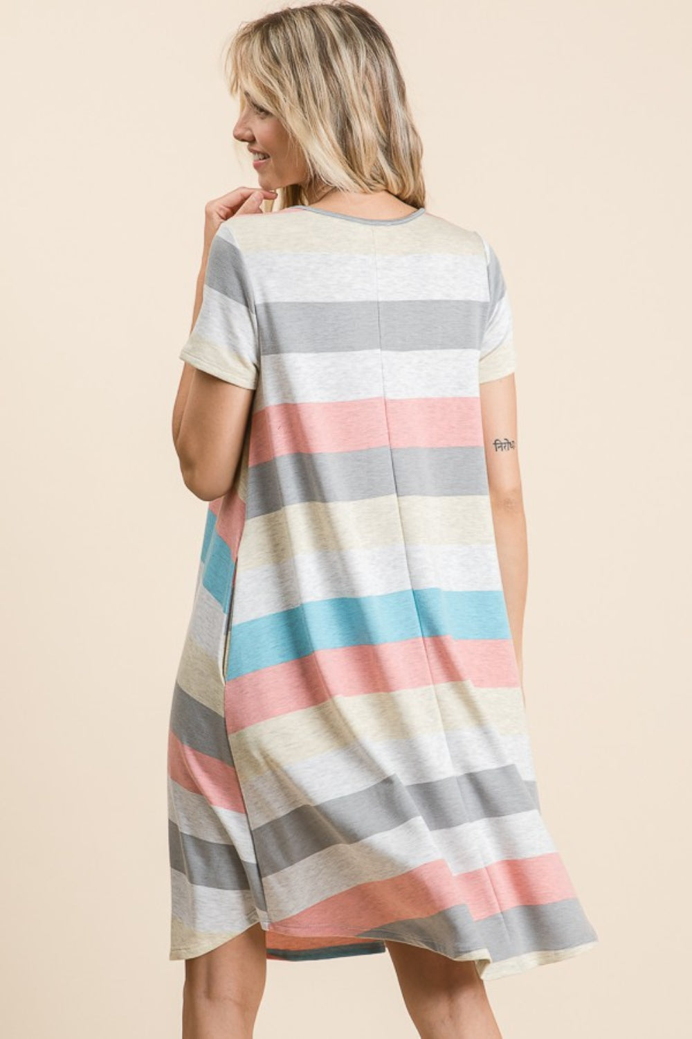 BOMBOM Striped Short Sleeve Dress with Pockets - Luminous Bear Shop
