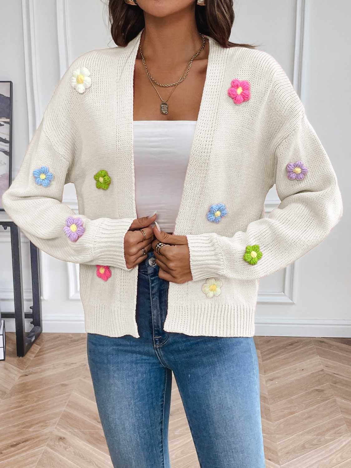 Floral Long Sleeve Open Front Cardigan - Luminous Bear