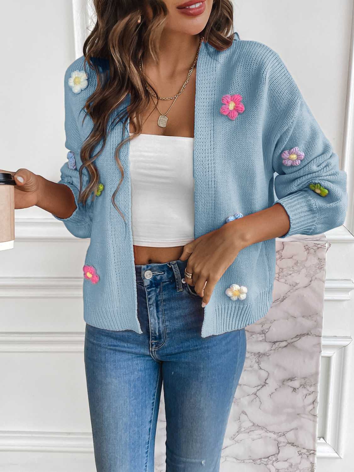 Floral Long Sleeve Open Front Cardigan - Luminous Bear