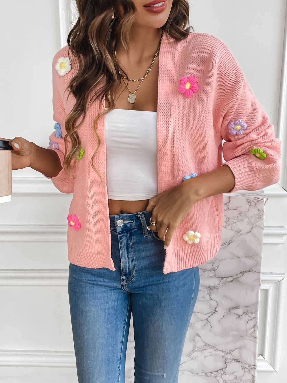Floral Long Sleeve Open Front Cardigan - Luminous Bear