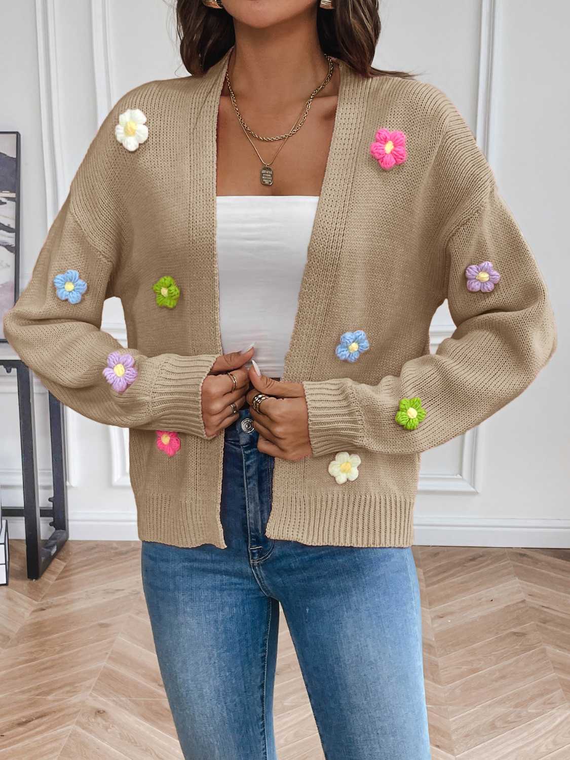 Floral Long Sleeve Open Front Cardigan - Luminous Bear