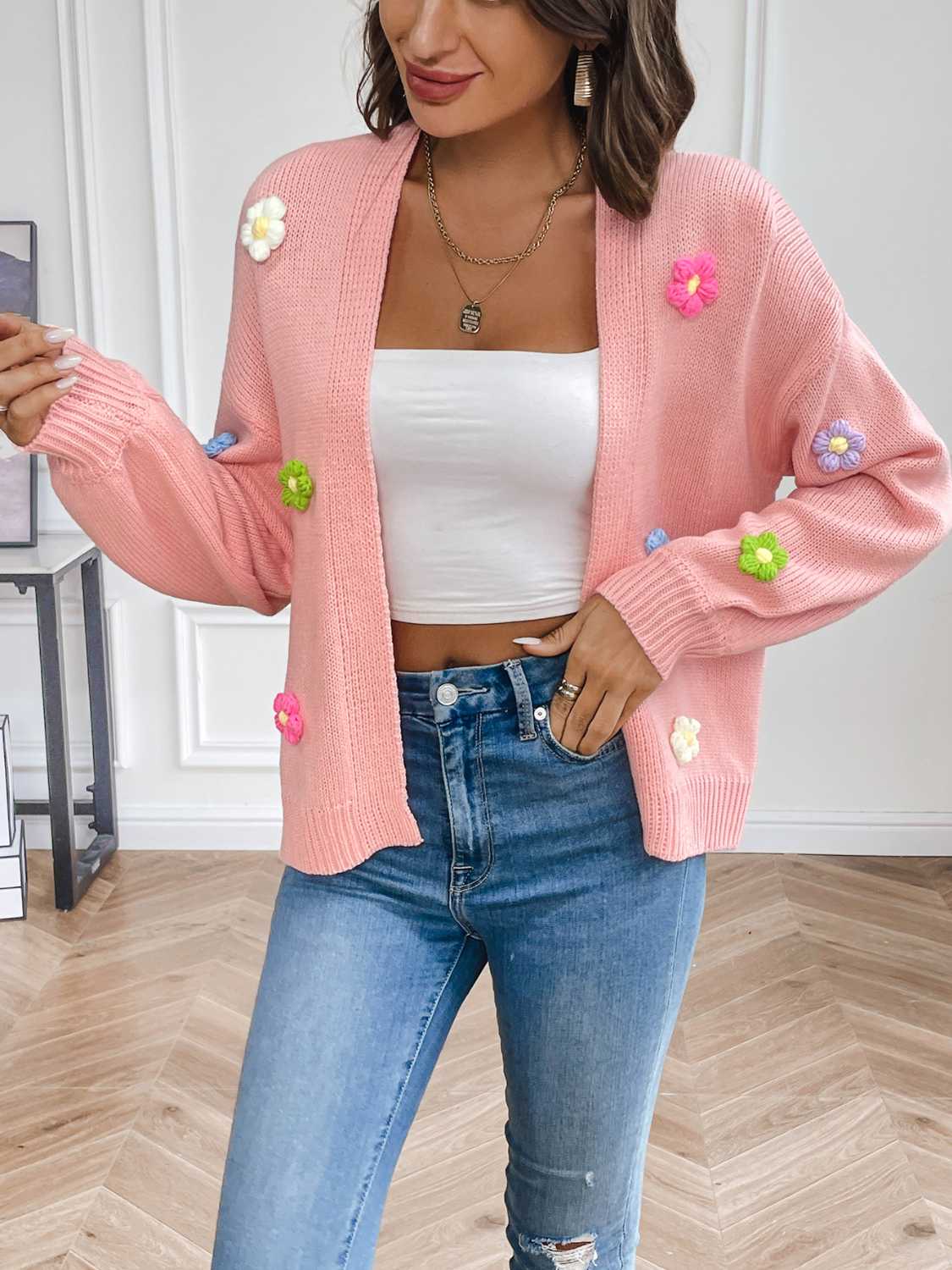 Floral Long Sleeve Open Front Cardigan - Luminous Bear