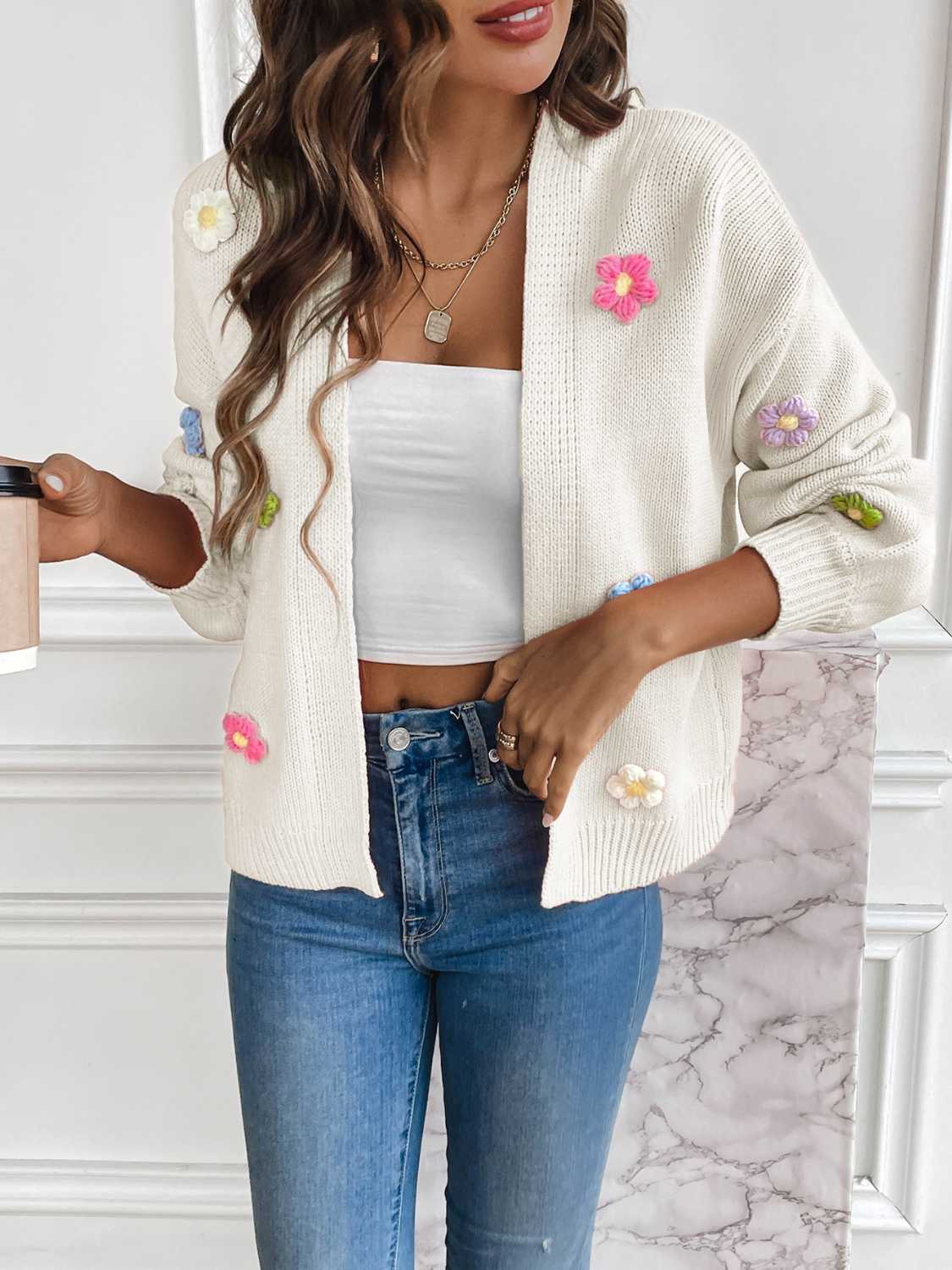 Floral Long Sleeve Open Front Cardigan - Luminous Bear