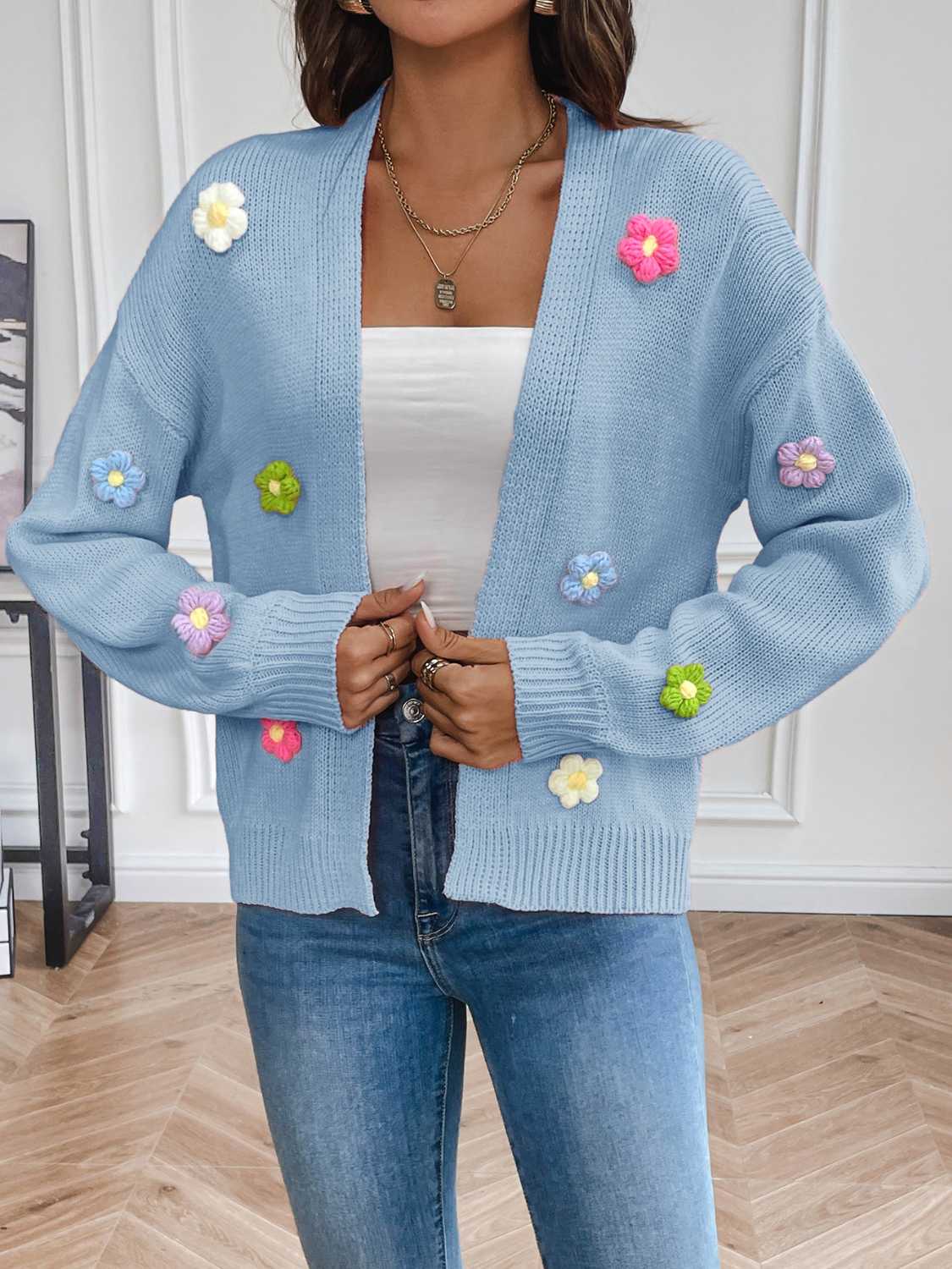 Floral Long Sleeve Open Front Cardigan - Luminous Bear