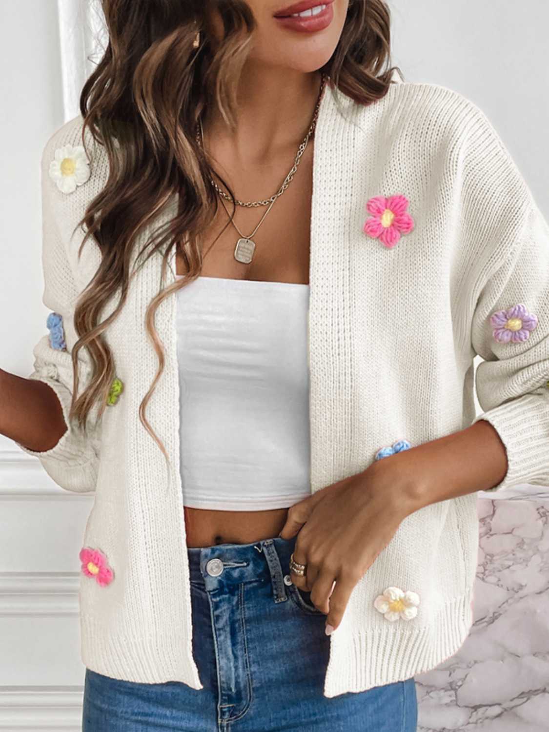 Floral Long Sleeve Open Front Cardigan - Luminous Bear