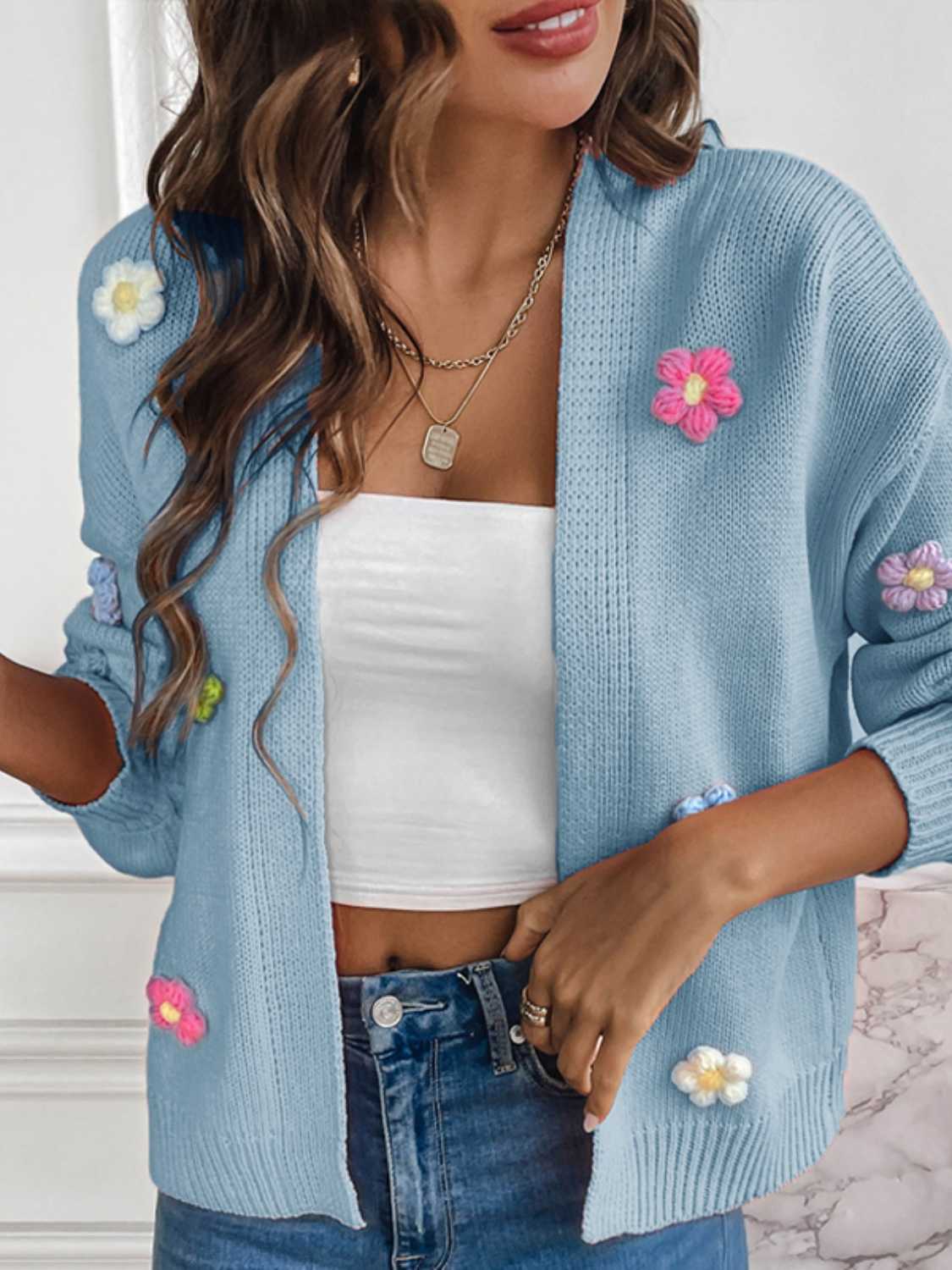 Floral Long Sleeve Open Front Cardigan - Luminous Bear