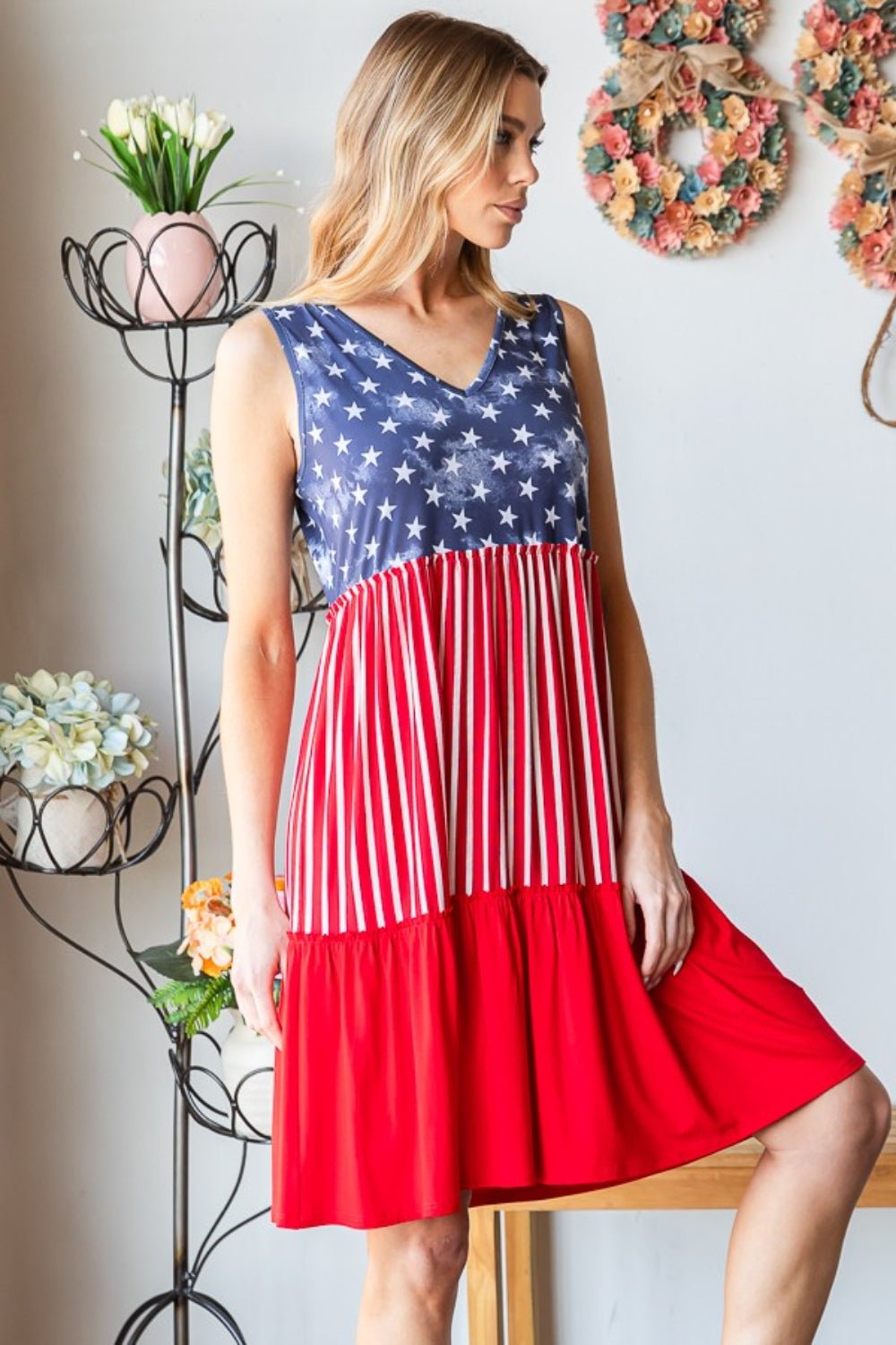 Heimish Full Size US Flag Theme Contrast Tank Dress - Luminous Bear
