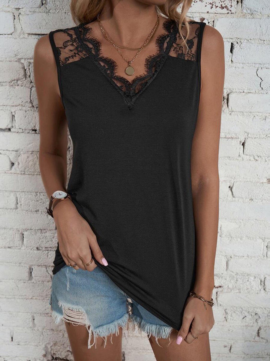 Lace Detail V-Neck Tank - Luminous Bear
