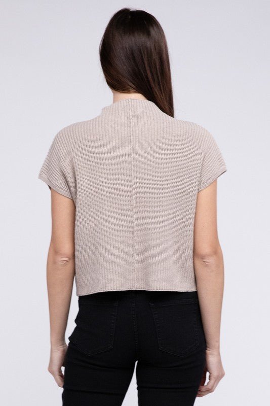 Mock Neck Short Sleeve Cropped Sweater - Luminous Bear