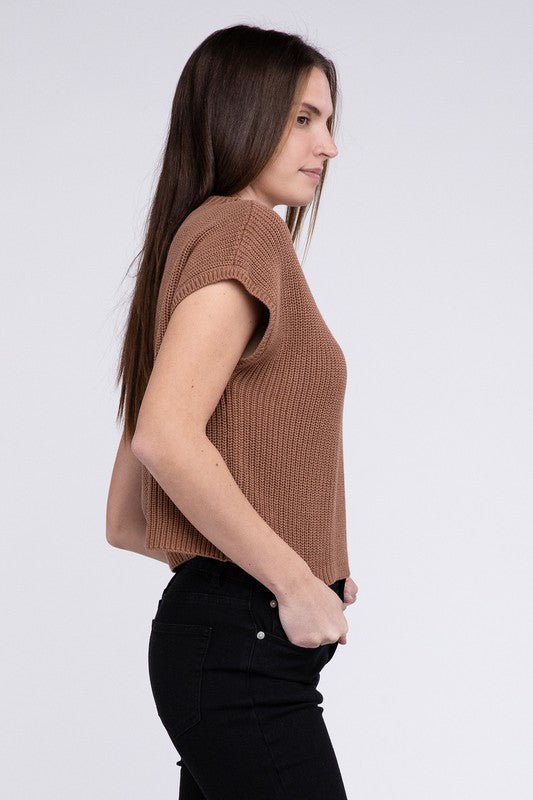 Mock Neck Short Sleeve Cropped Sweater - Luminous Bear
