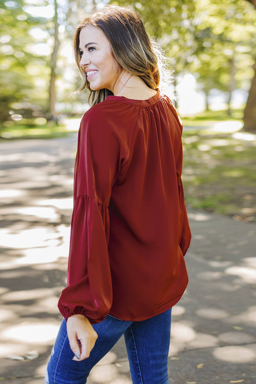 Ruched Notched Balloon Sleeve Blouse - Luminous Bear
