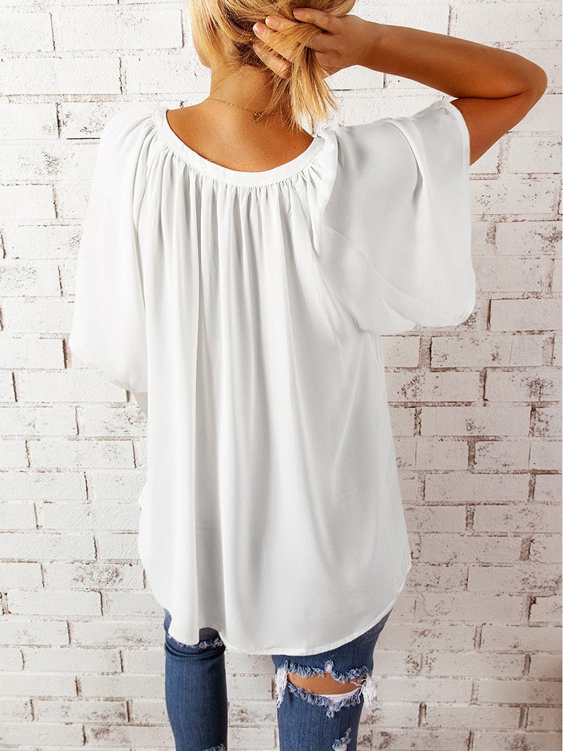 Ruched Notched Half Sleeve Blouse - Luminous Bear