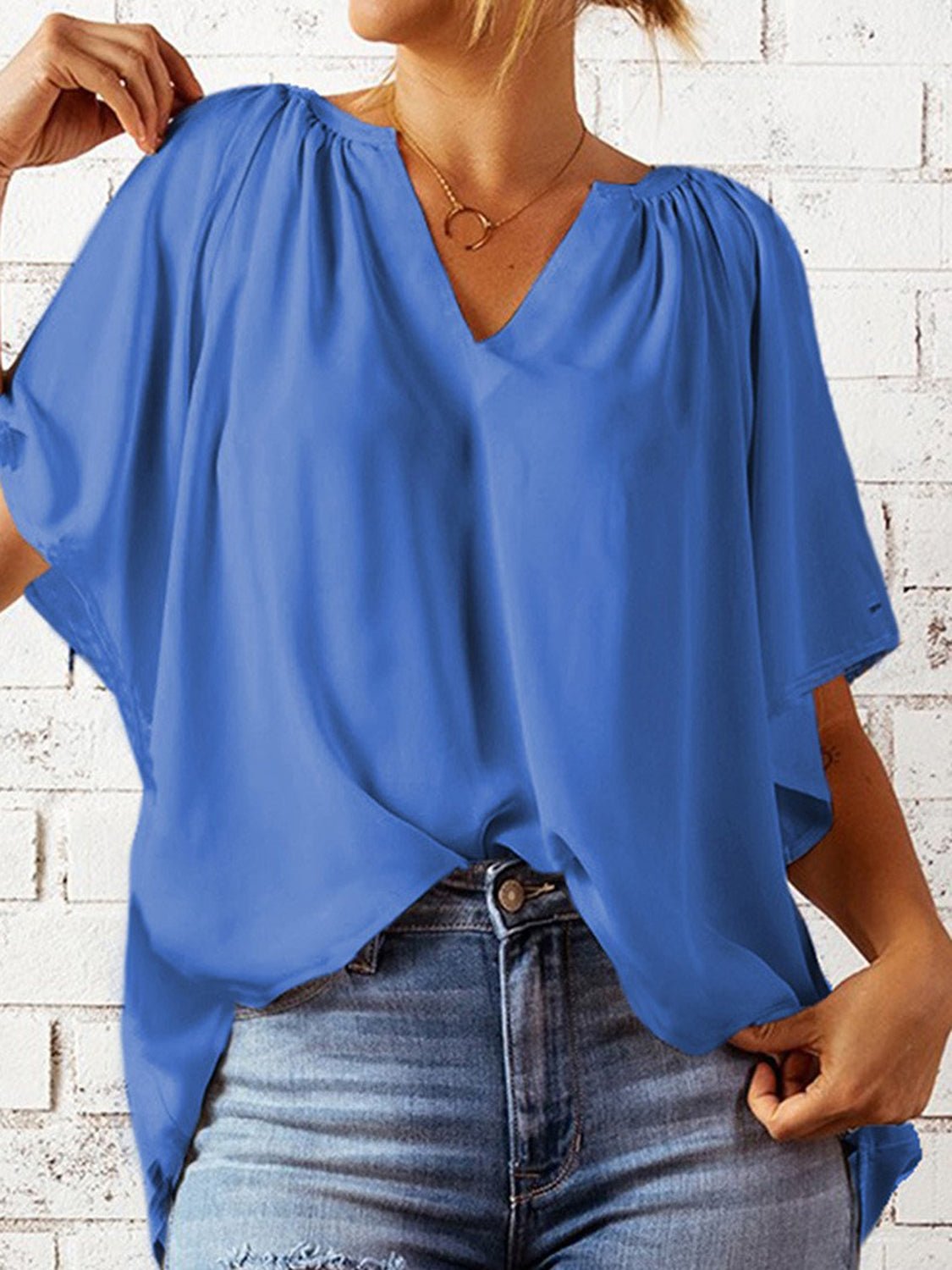 Ruched Notched Half Sleeve Blouse - Luminous Bear