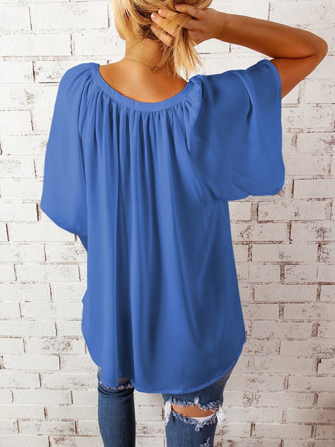 Ruched Notched Half Sleeve Blouse - Luminous Bear