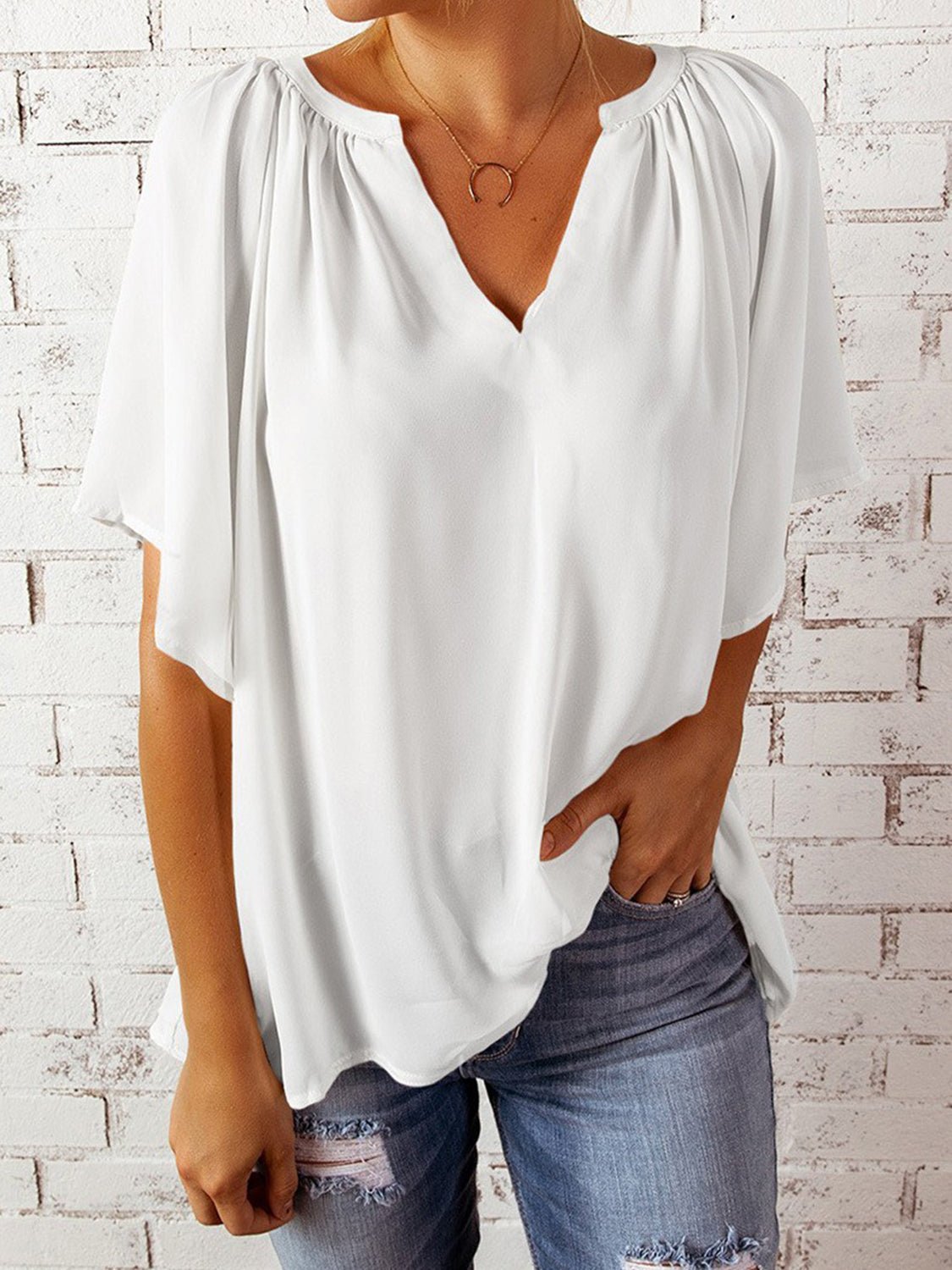 Ruched Notched Half Sleeve Blouse - Luminous Bear