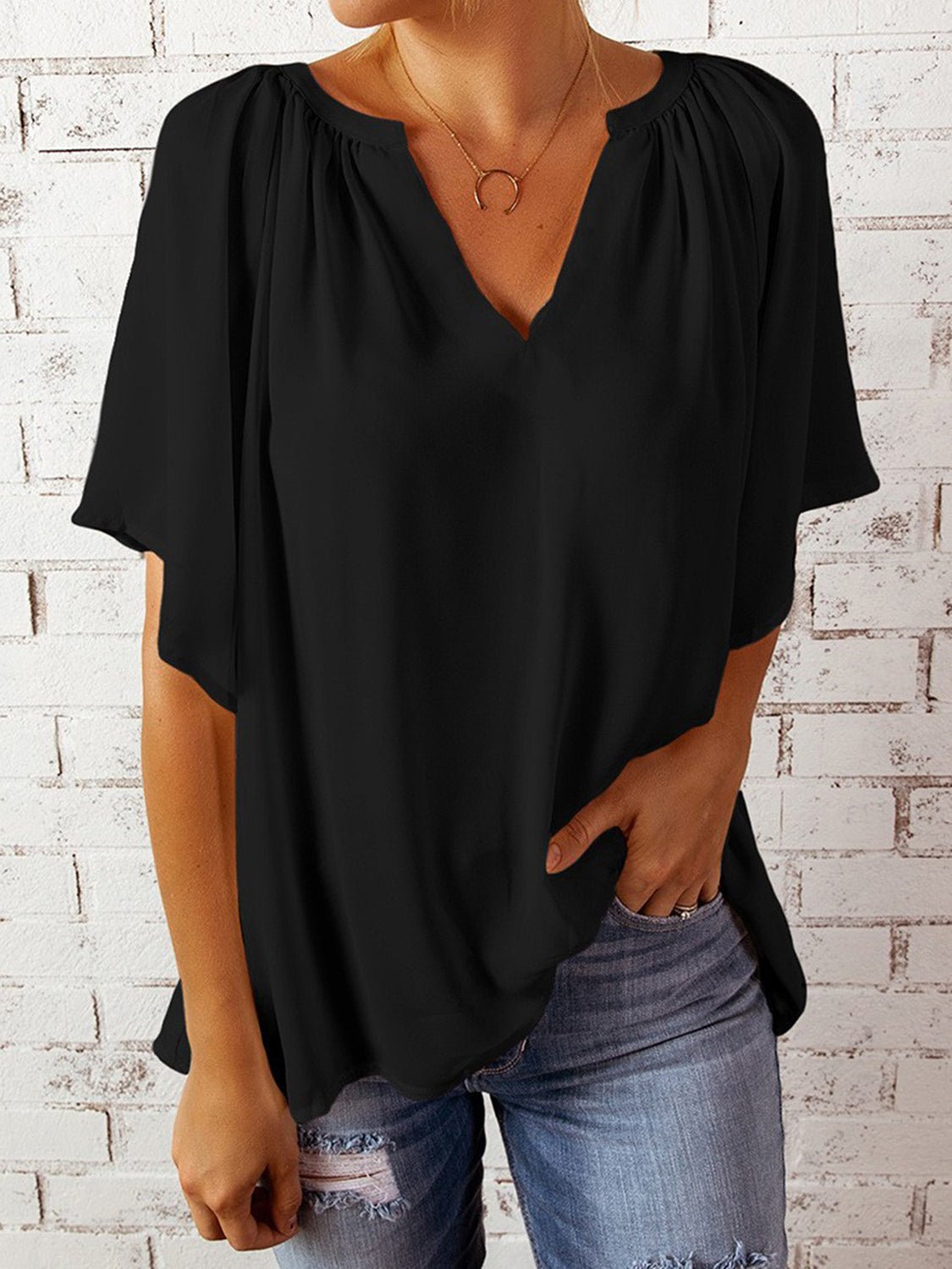 Ruched Notched Half Sleeve Blouse - Luminous Bear