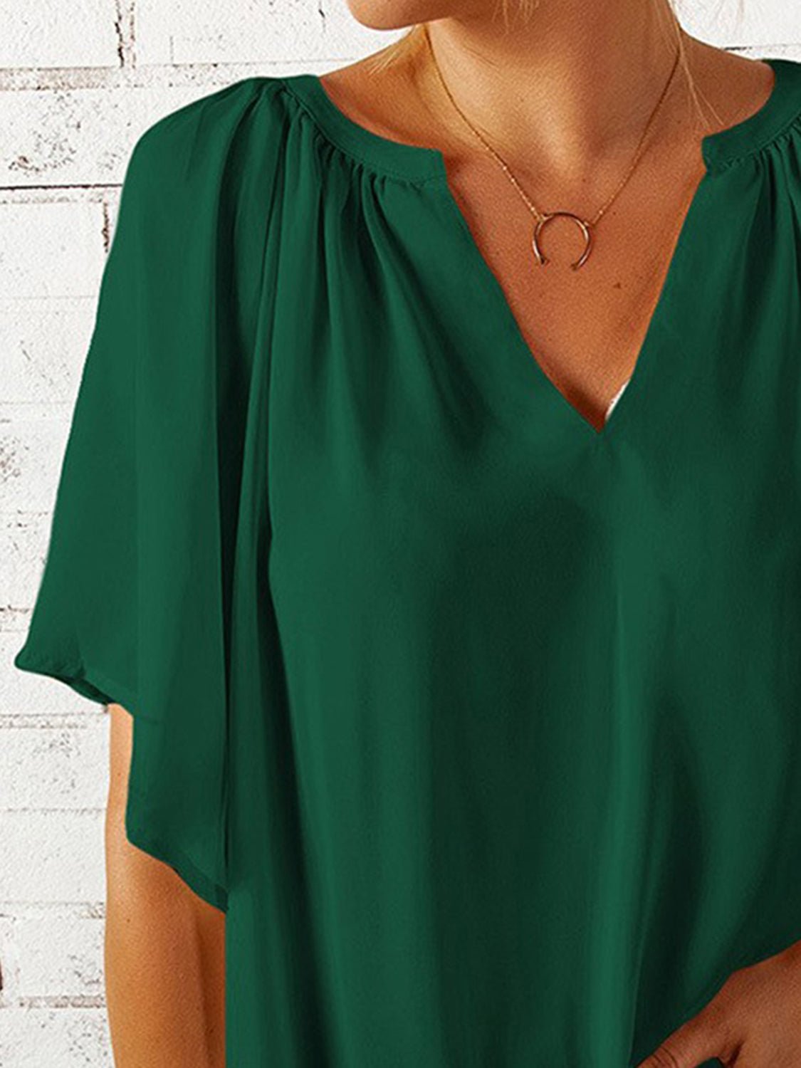 Ruched Notched Half Sleeve Blouse - Luminous Bear