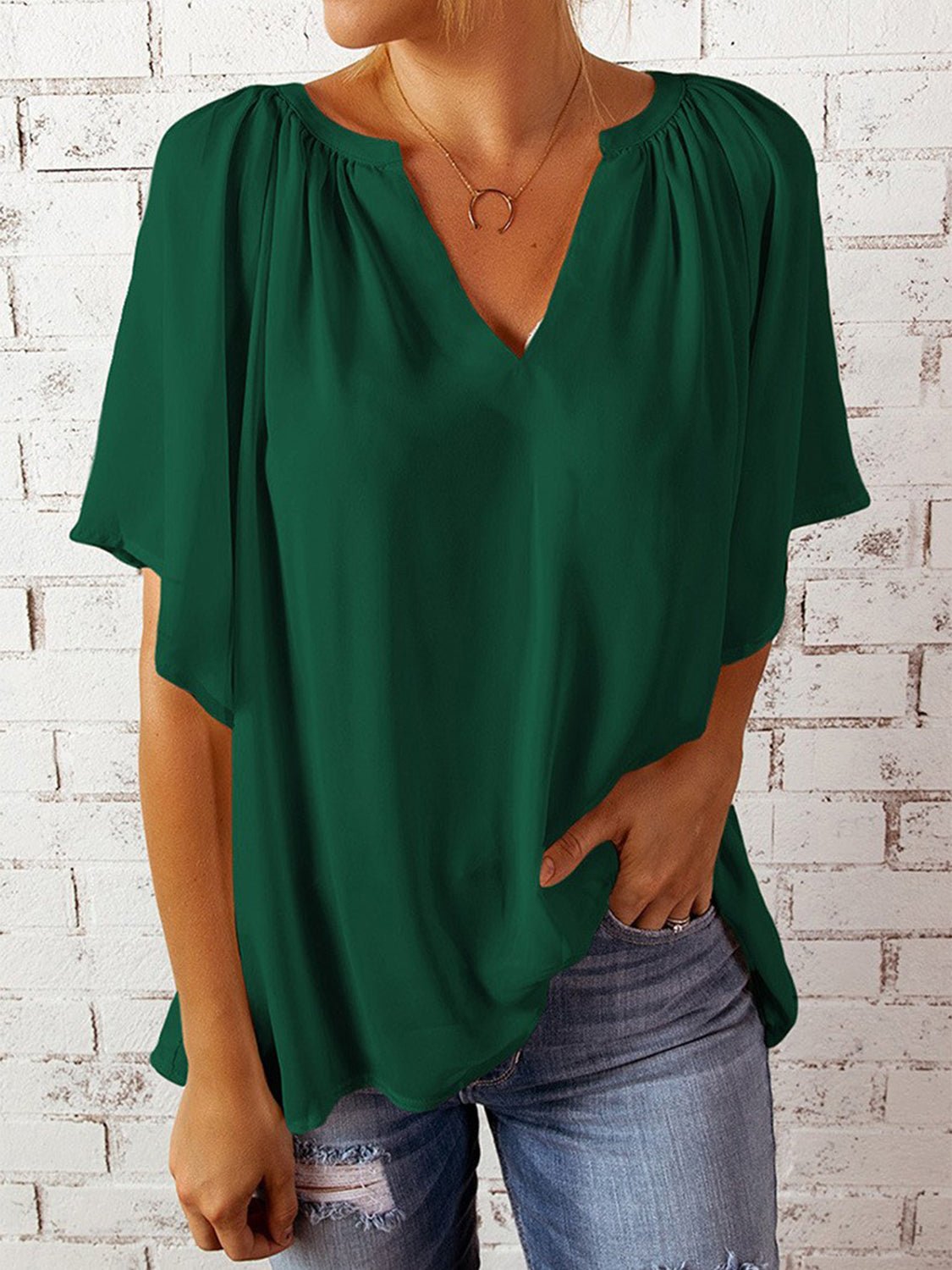Ruched Notched Half Sleeve Blouse - Luminous Bear