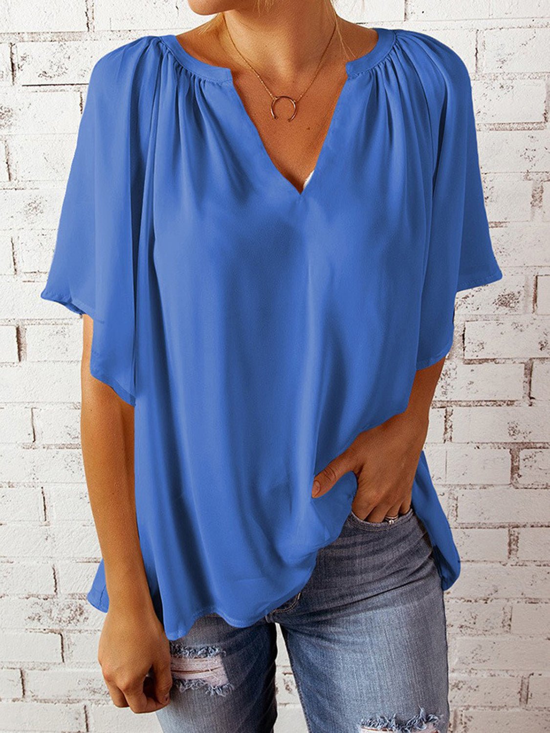 Ruched Notched Half Sleeve Blouse - Luminous Bear