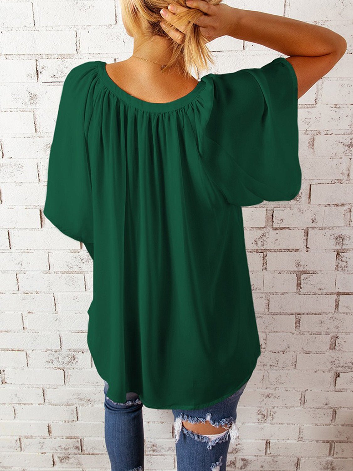 Ruched Notched Half Sleeve Blouse - Luminous Bear