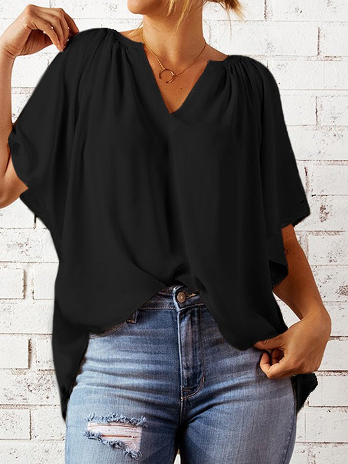 Ruched Notched Half Sleeve Blouse - Luminous Bear