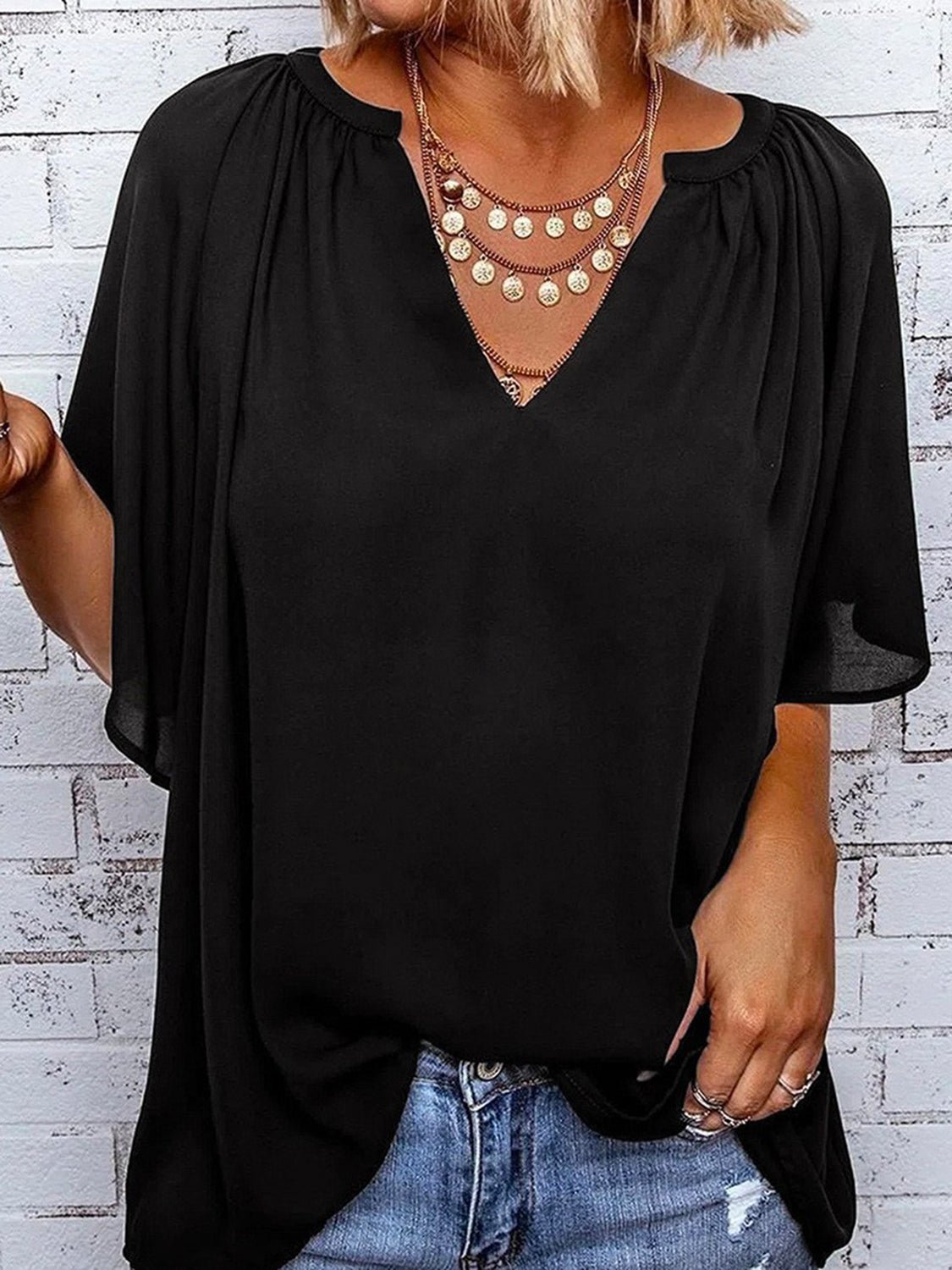 Ruched Notched Half Sleeve Blouse - Luminous Bear
