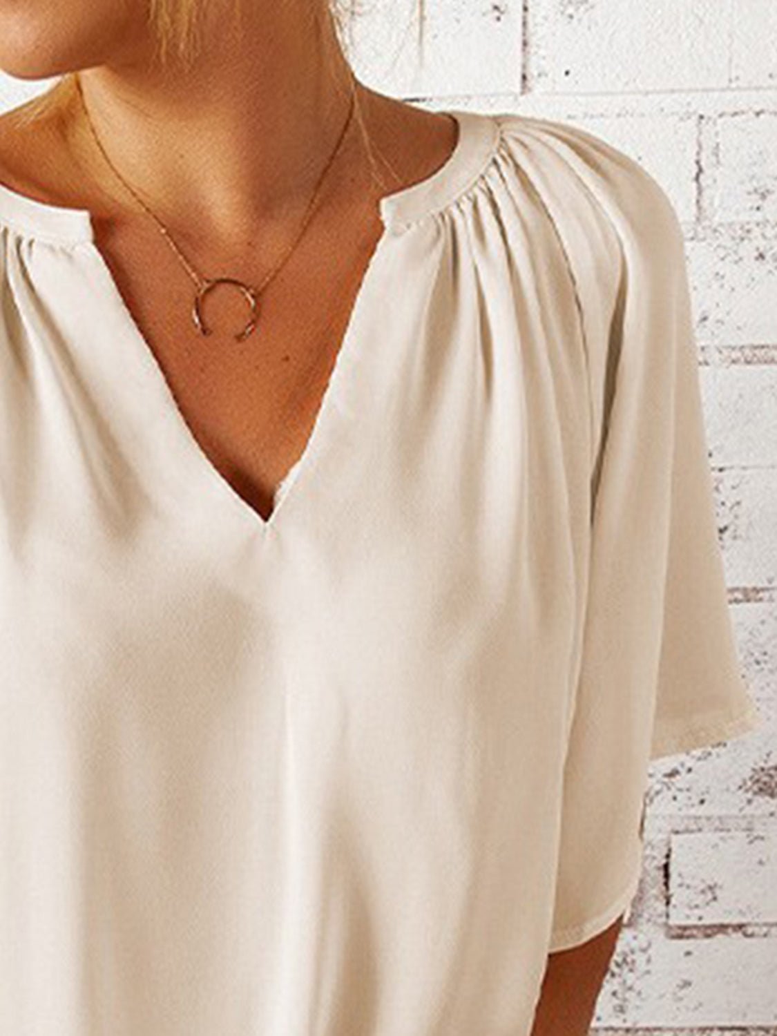 Ruched Notched Half Sleeve Blouse - Luminous Bear