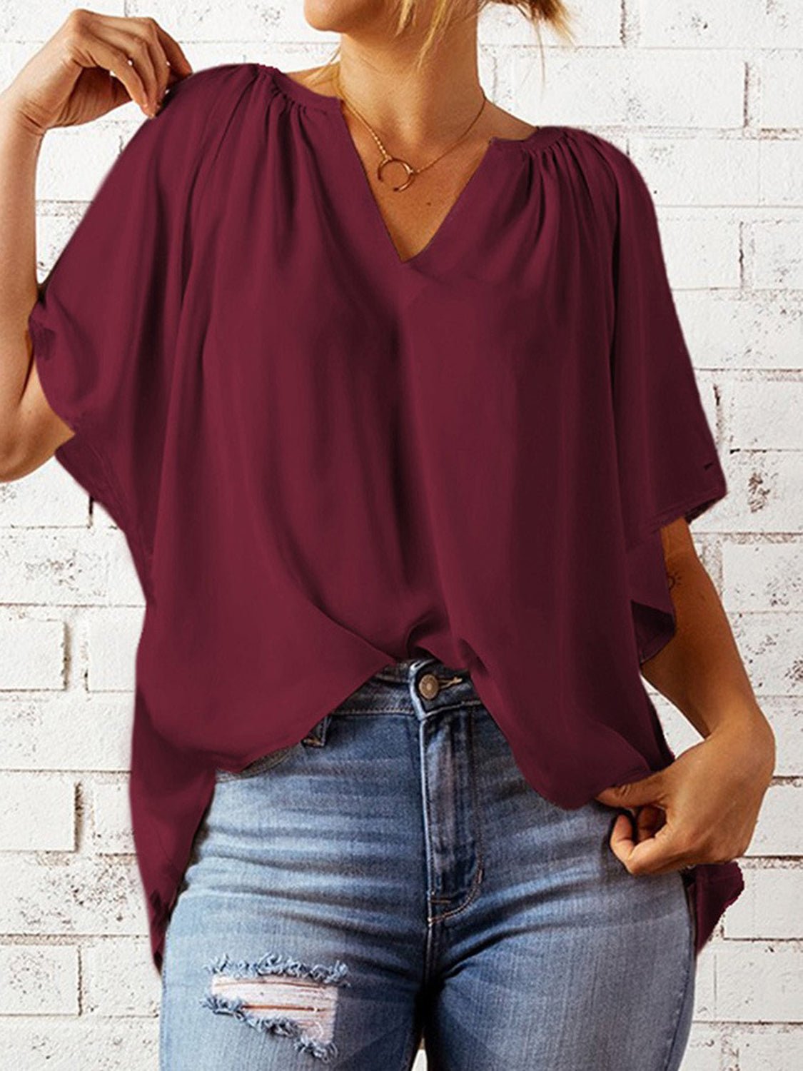 Ruched Notched Half Sleeve Blouse - Luminous Bear