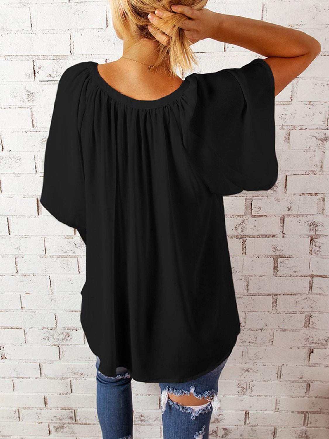 Ruched Notched Half Sleeve Blouse - Luminous Bear