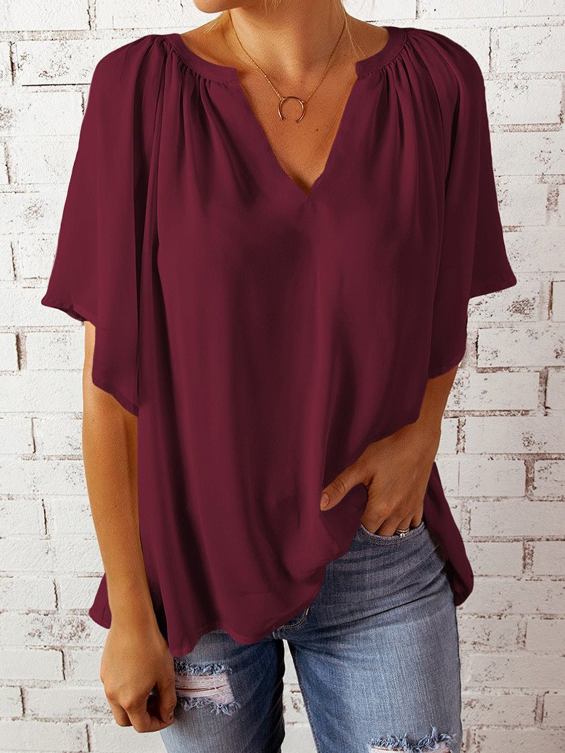Ruched Notched Half Sleeve Blouse - Luminous Bear