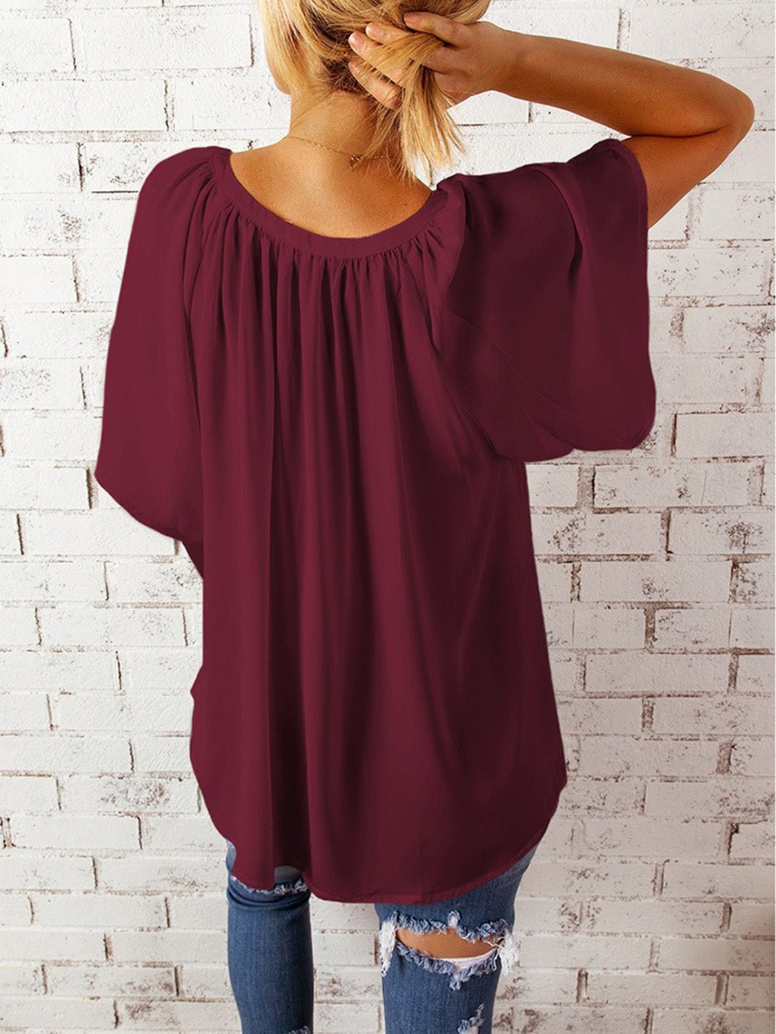 Ruched Notched Half Sleeve Blouse - Luminous Bear