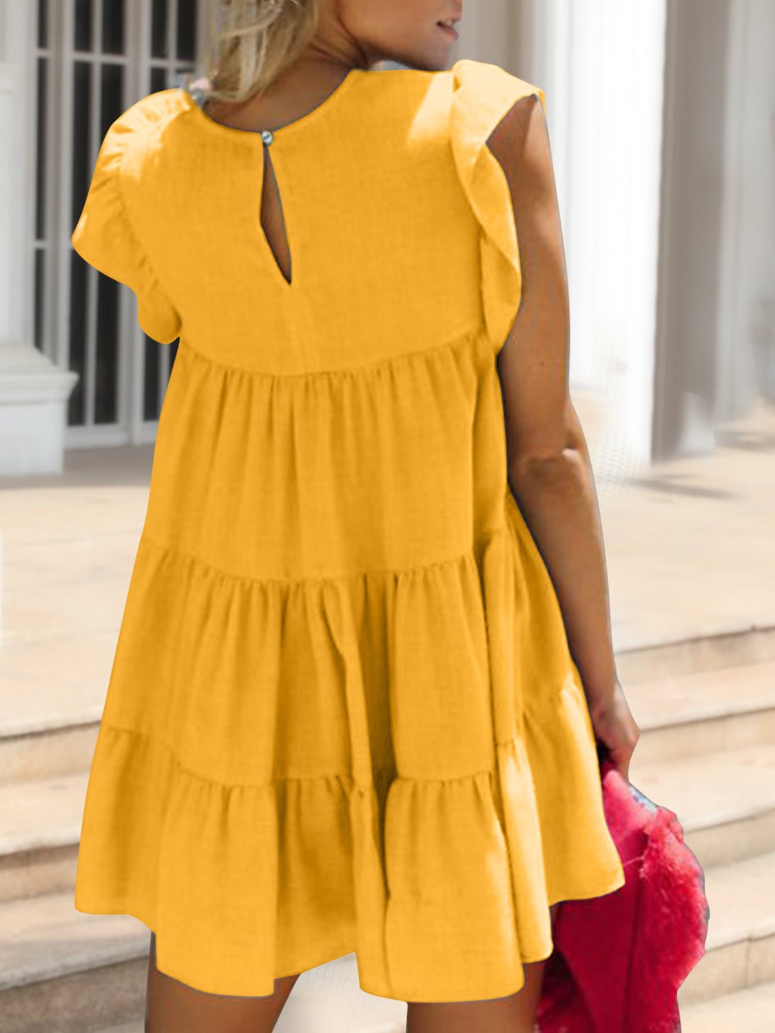 Ruched Round Neck Cap Sleeve Mini Dress - Luminous Bear