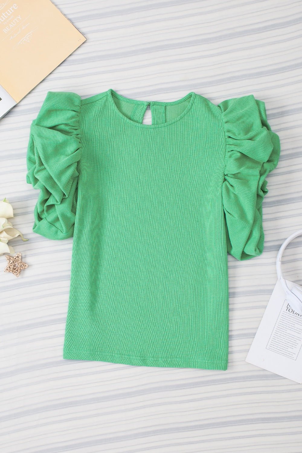 Ruched Round Neck Short Sleeve Blouse - Luminous Bear