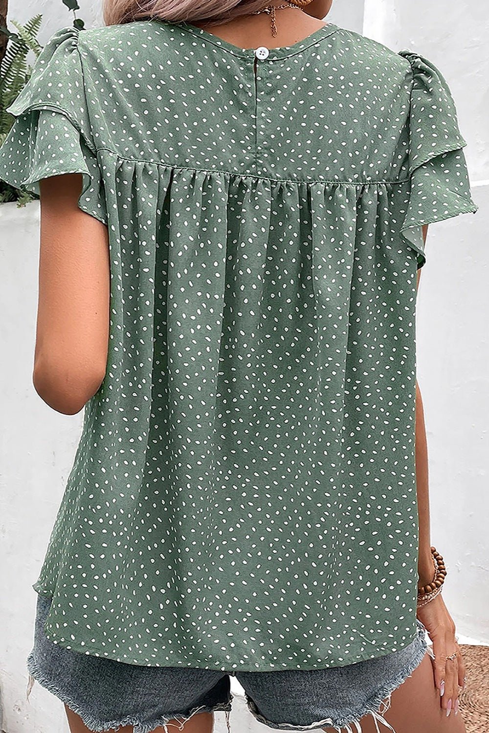 Ruffled Printed Round Neck Cap Sleeve Blouse - Luminous Bear