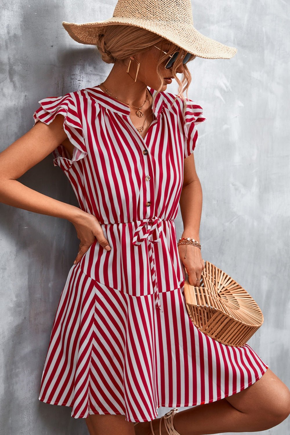 Ruffled Striped Cap Sleeve Mini Dress - Luminous Bear