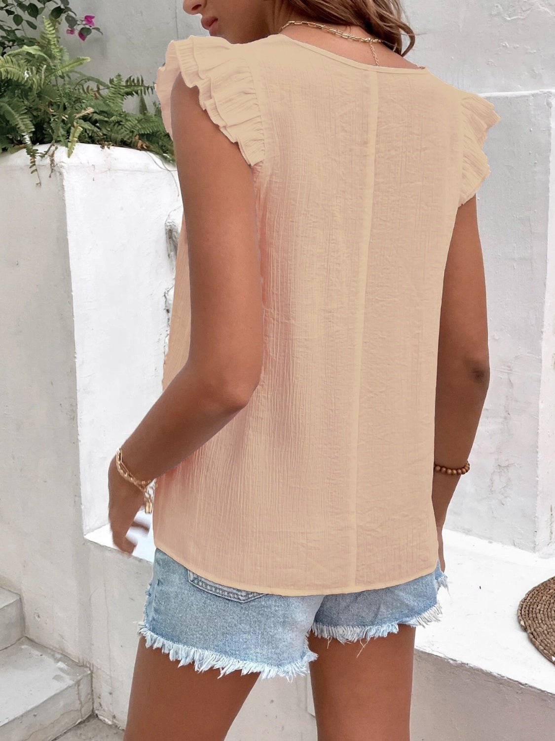 Ruffled V-Neck Cap Sleeve Blouse - Luminous Bear