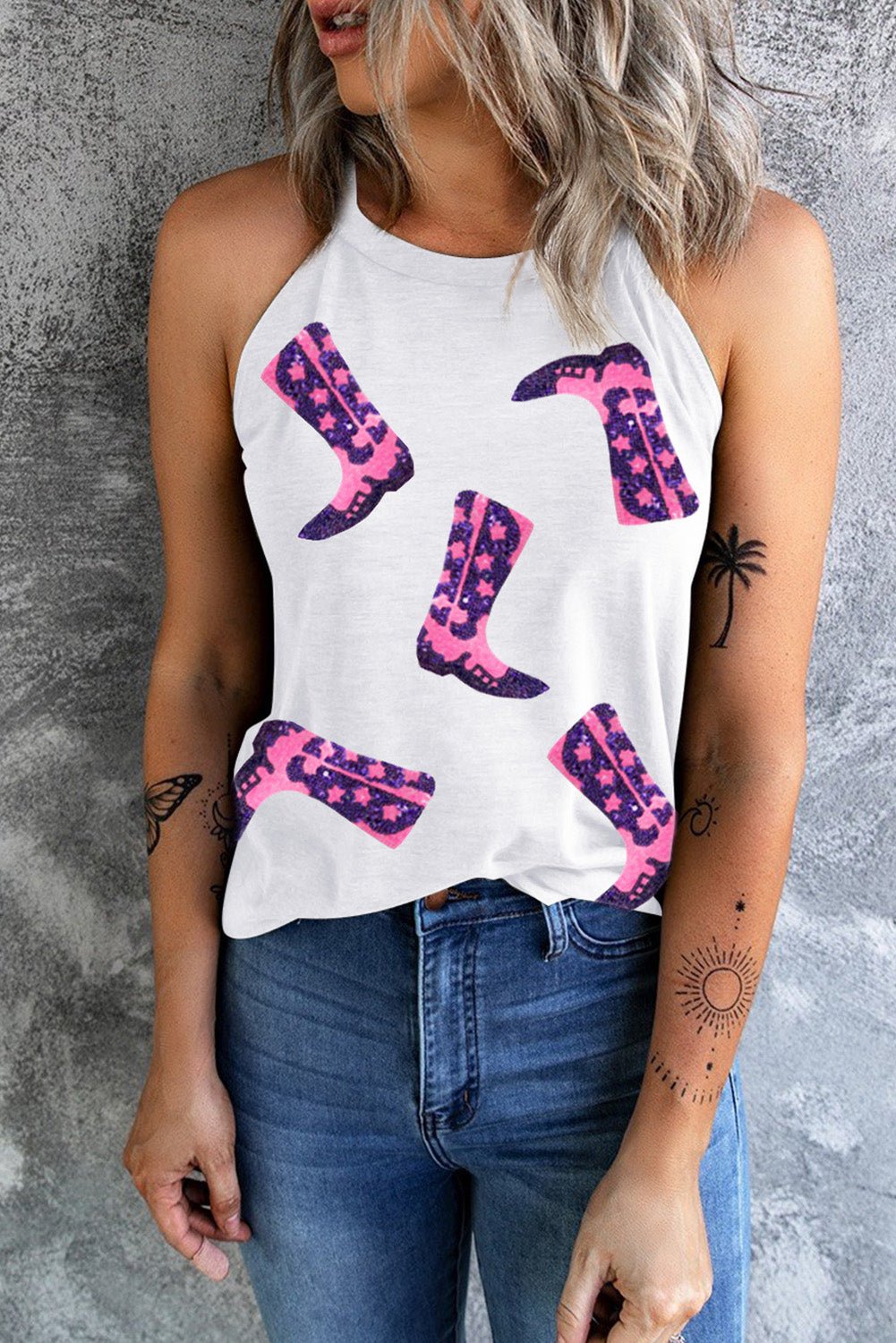 Sequin Boots Print Round Neck Tank - Luminous Bear