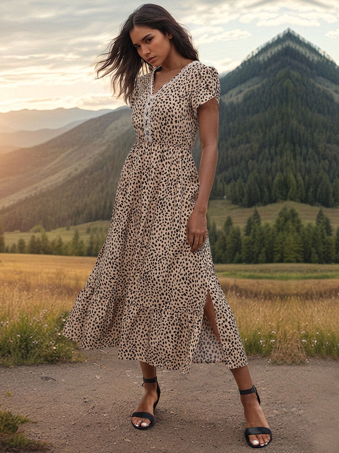 Slit Printed V-Neck Short Sleeve Dress - Luminous Bear