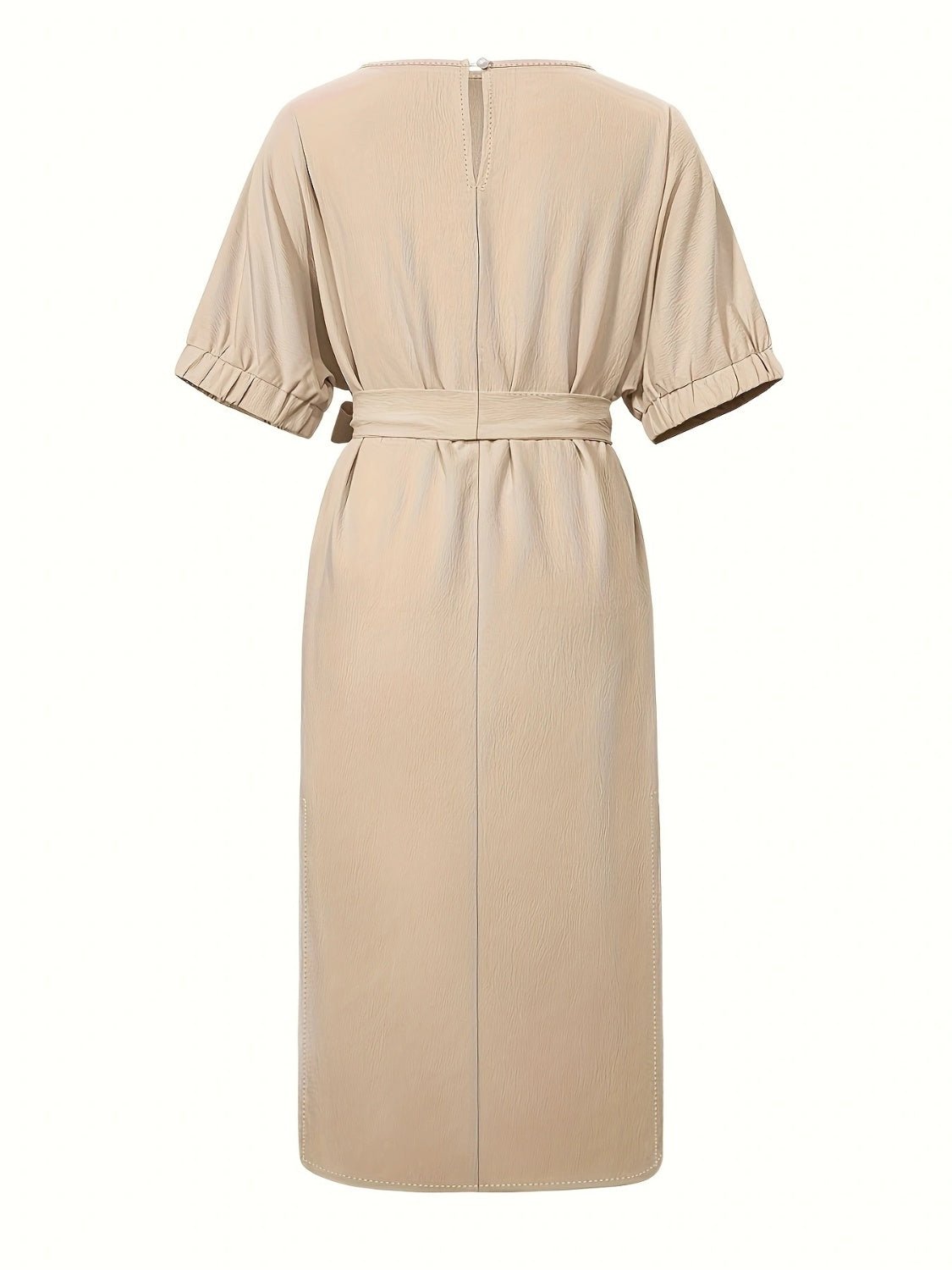 Slit Round Neck Tie Waist Midi Dress - Luminous Bear