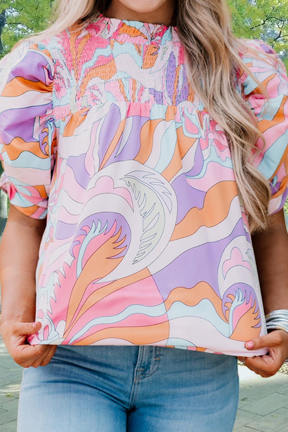 Smocked Round Neck Short Sleeve Blouse - Luminous Bear