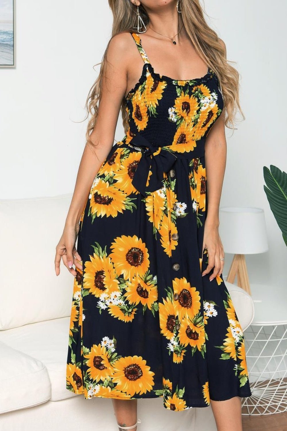 Smocked Sunflower Printed Sleeveless Cami Dress - Luminous Bear