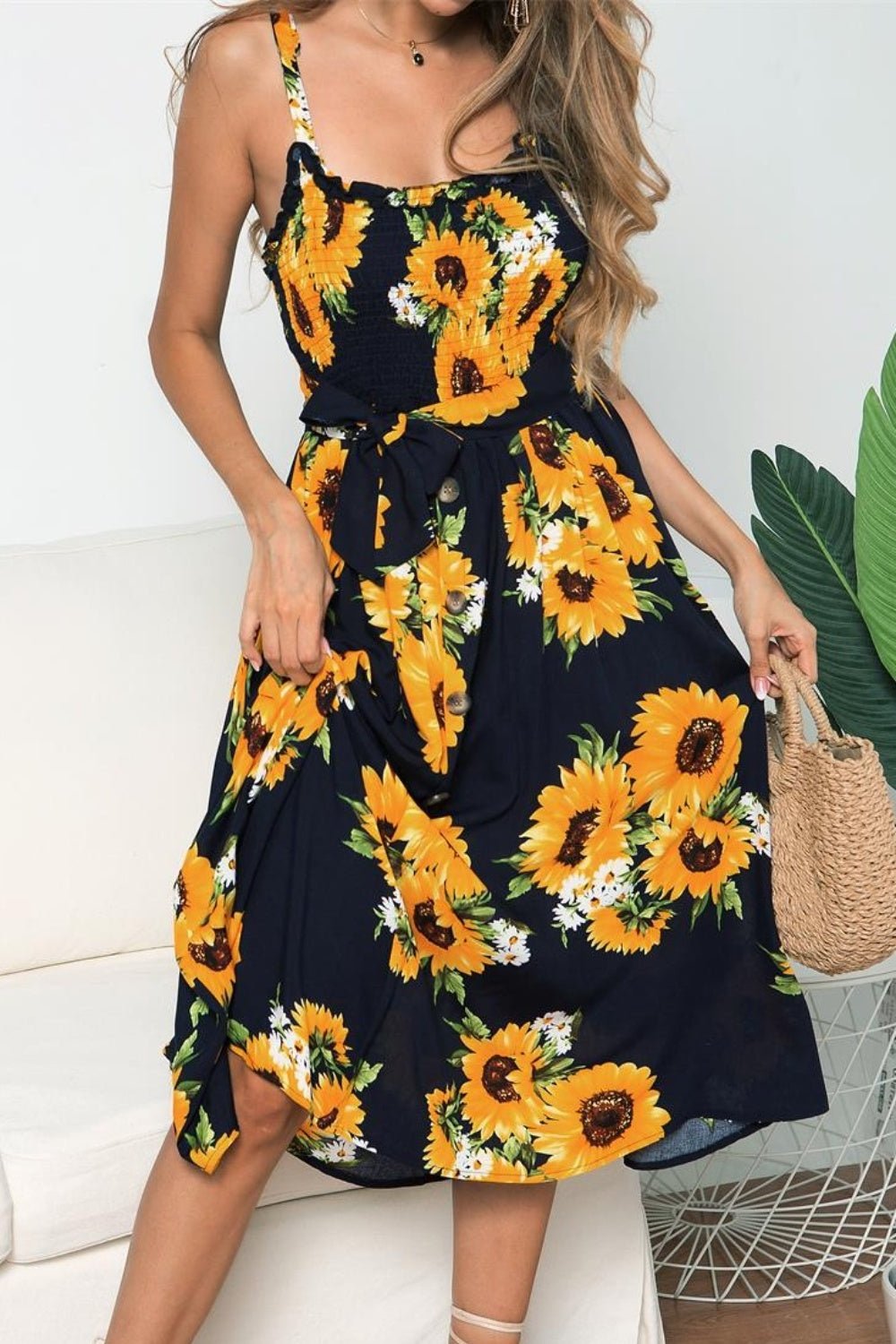 Smocked Sunflower Printed Sleeveless Cami Dress - Luminous Bear