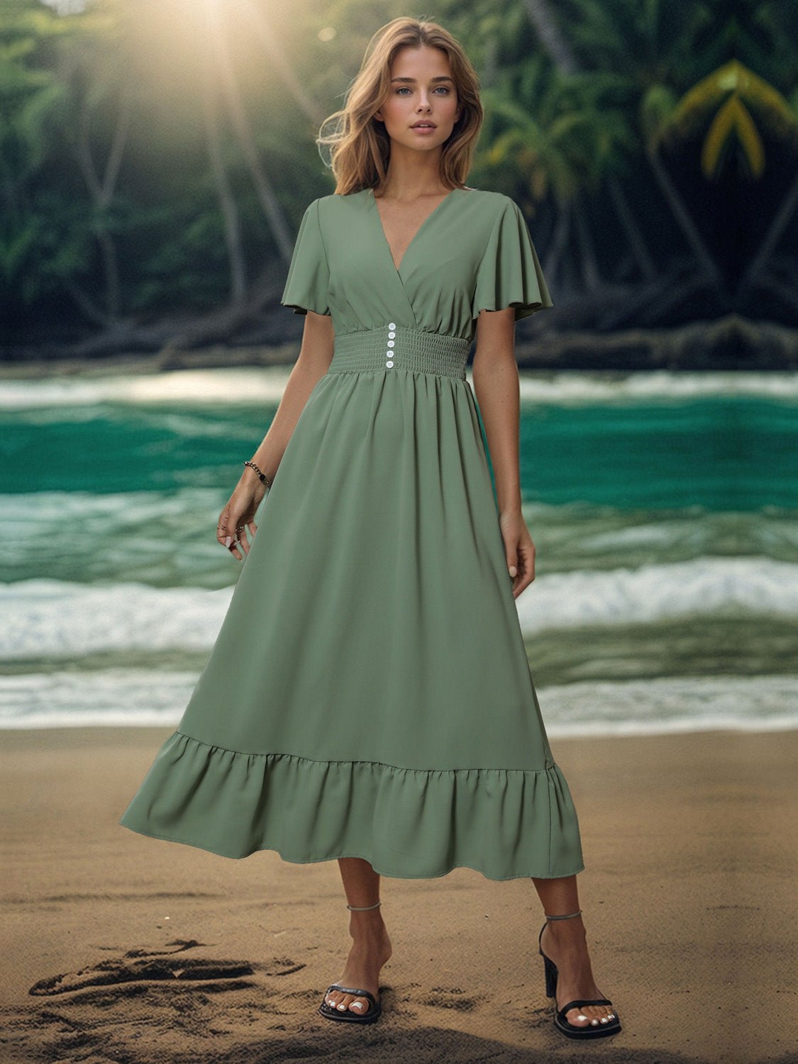 Surplice Flutter Sleeve Midi Dress - Luminous Bear