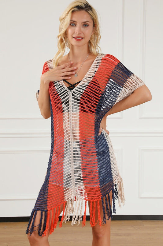 Tassel Color Block V-Neck Cover Up - Luminous Bear