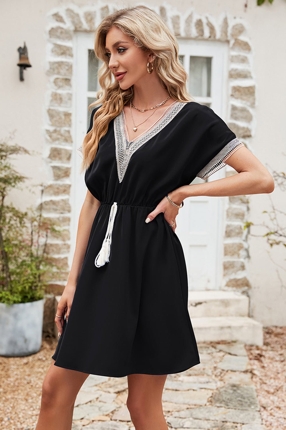 Tassel V-Neck Short Sleeve Dress - Luminous Bear