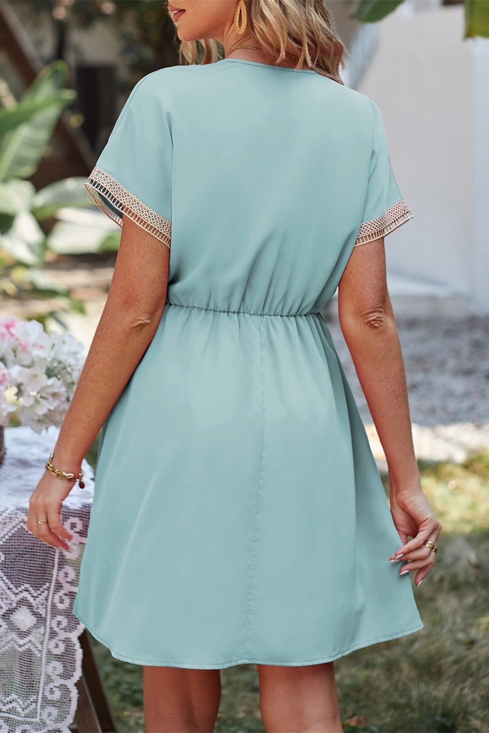 Tassel V-Neck Short Sleeve Dress - Luminous Bear