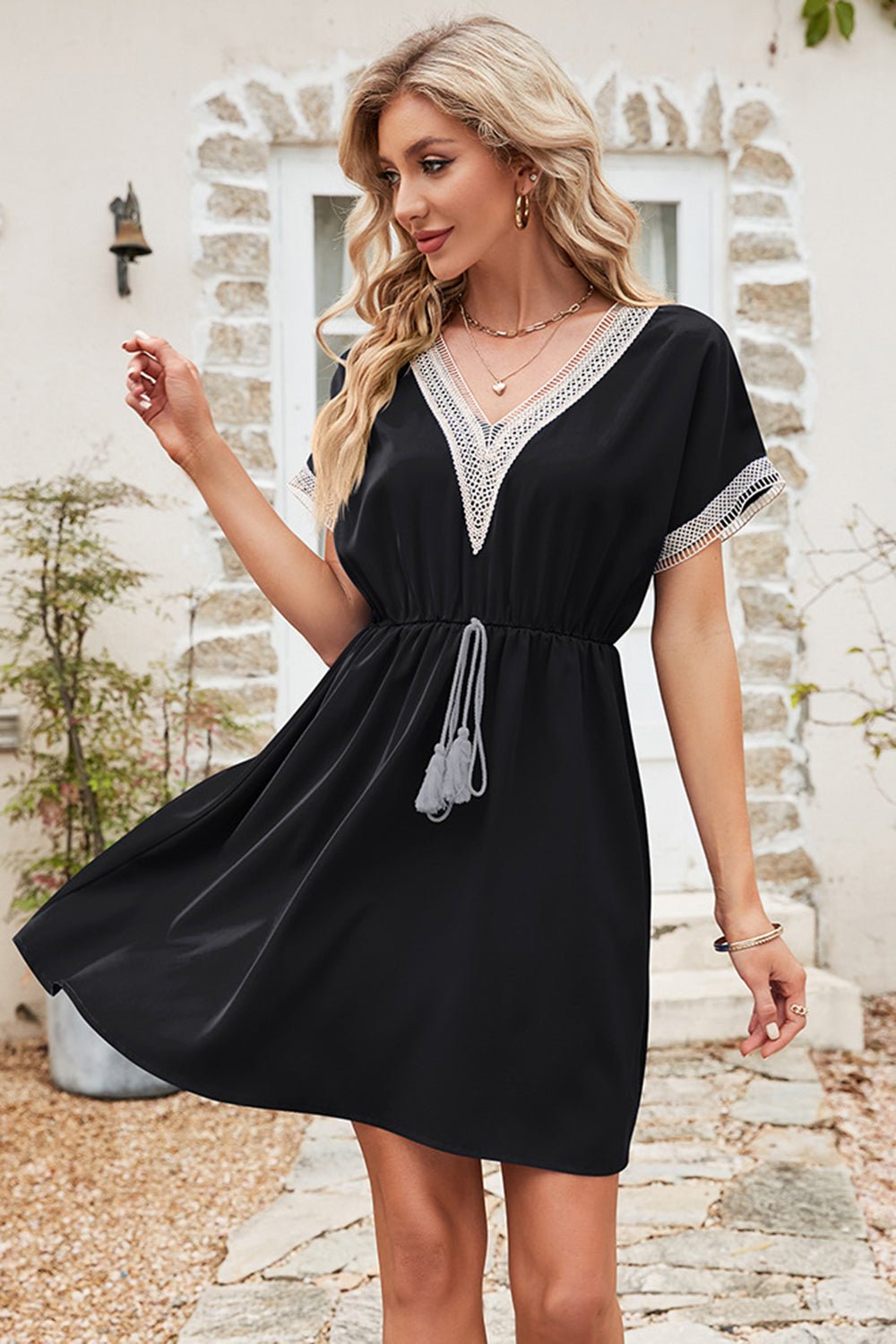 Tassel V-Neck Short Sleeve Dress - Luminous Bear