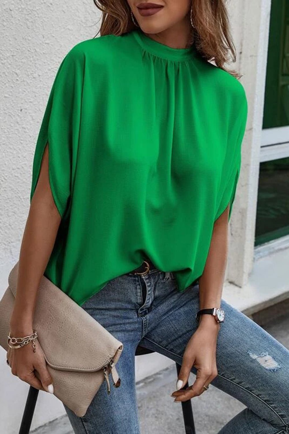 Tie Back Slit Half Sleeve Blouse - Luminous Bear