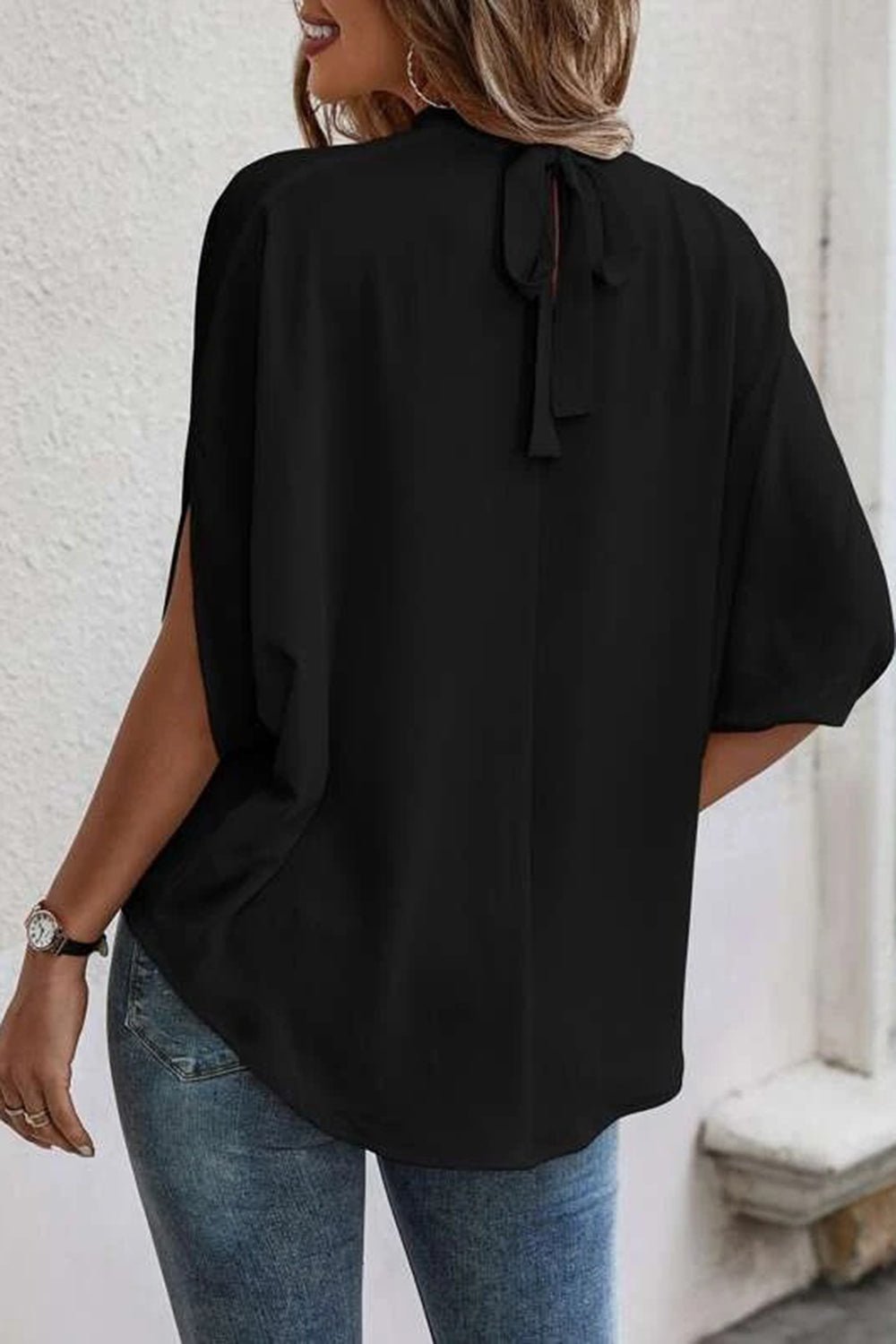 Tie Back Slit Half Sleeve Blouse - Luminous Bear